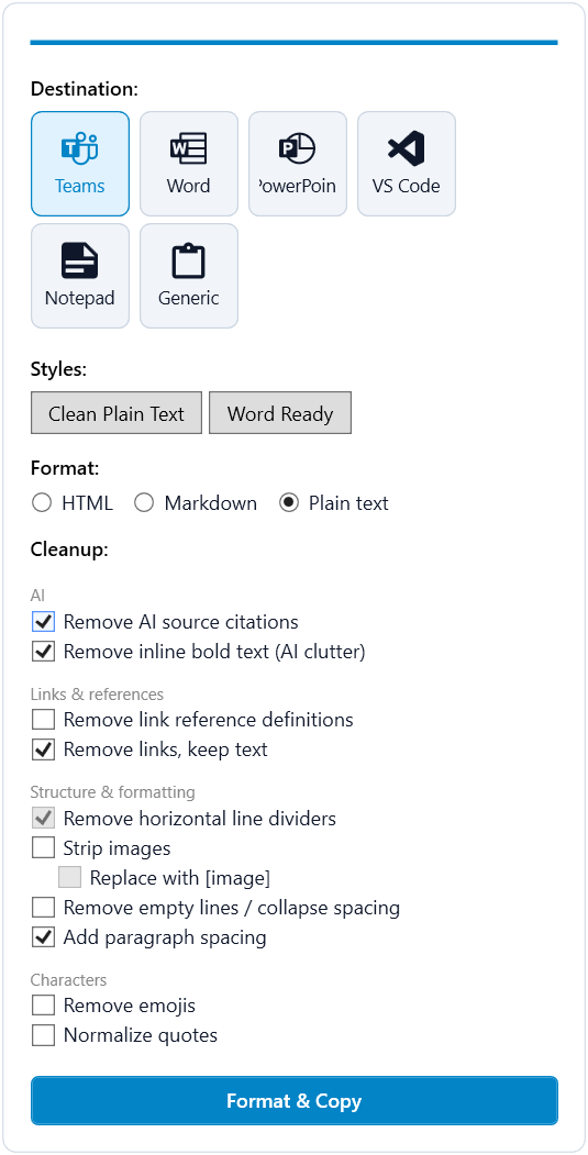 ClipboardFormatter window showing destination and cleanup options