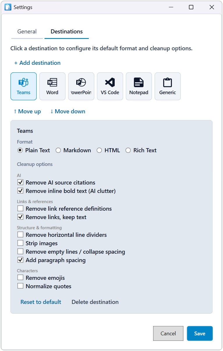 ClipboardFormatter settings showing custom destinations and style presets